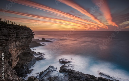 Rocky cliff with waves, sunset sky, sea horizon, cloud street formation.