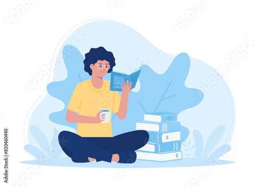 Educational learning  female students reading books and drinking coffee concept flat illustration