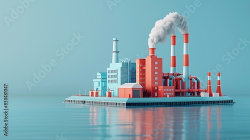 Isometric 3D illustration of an industrial factory on water with smoke stacks  blue sky  and reflections  depicting modern manufacturing