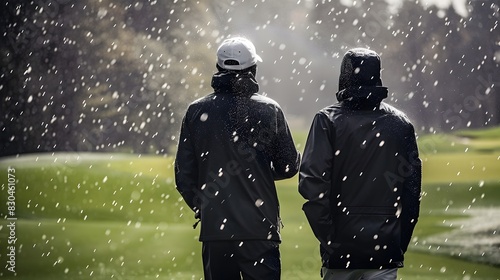 Golfers Braving the Stormy Weather in Waterproof Outerwear for an Outdoor Sport Adventure