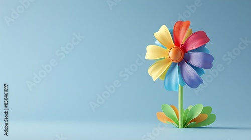 LGBT Pride 3D Vibrant rainbow-colored artificial flower against a light blue background  showcasing a cheerful and colorful minimalist design.