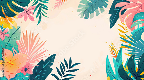 Tropical Frame with Colorful Leaves and Flowers generated with AI