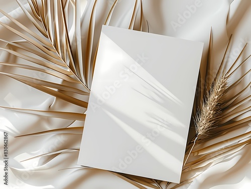 Mock up  white blank invitation card with gold palm leaf branch, Modern neutral  beige color, minimal boho style, for birthday, party, wedding