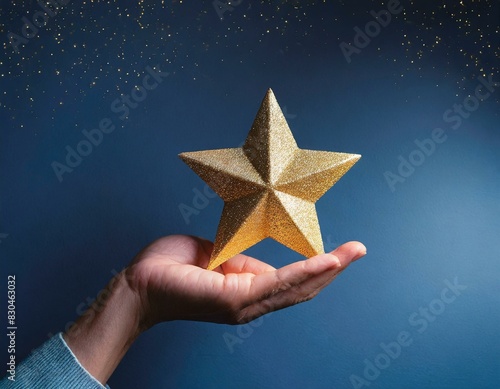 Woman s hand with a single star on a deep blue background