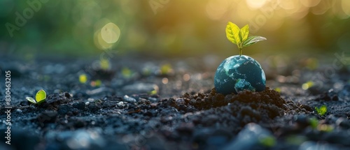 Earth globe with sprouting tree, nature background, environmental conservation, ecofriendly concept photo