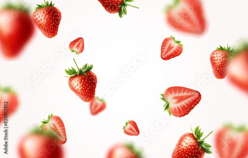 3d realistic vector illustration banner. Falling red strawberries banner. Isolated on white background.