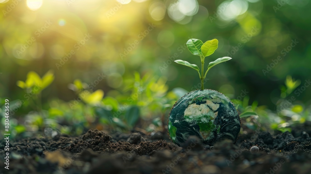 Globe with growing plant, green blur background, earth day, ecological balance Globe with growing plant, green blur background, earth day, ecological balance