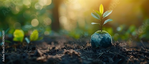 Globe with sapling, environmental conservation, nature blur background, ecoconscious