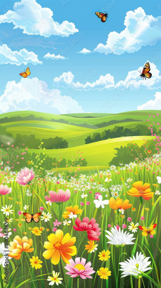 Colorful illustration of a vibrant meadow with flowers under a clear blue sky. Generate AI