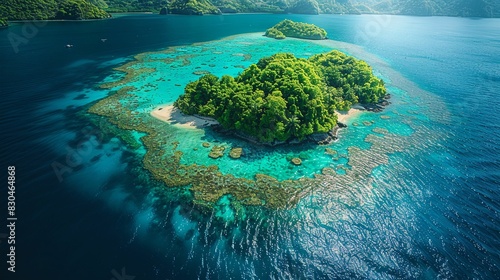 Serene Paradise: Detailed Aerial View of Vibrant Floating Islands with Coral Reefs in 8K Resolution Captured by Nikon D780 for Nature Documentary photo