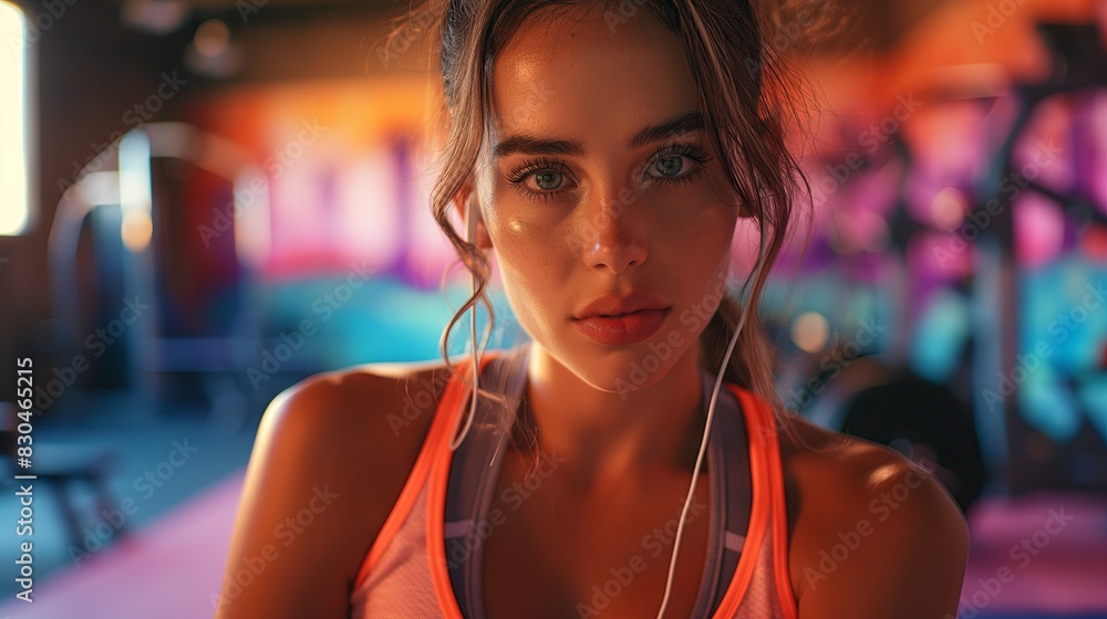 Focused Fitness: Woman in Gym with Earbuds and Athletic Gear Focused Fitness: Woman in Gym with Earbuds and Athletic Gear