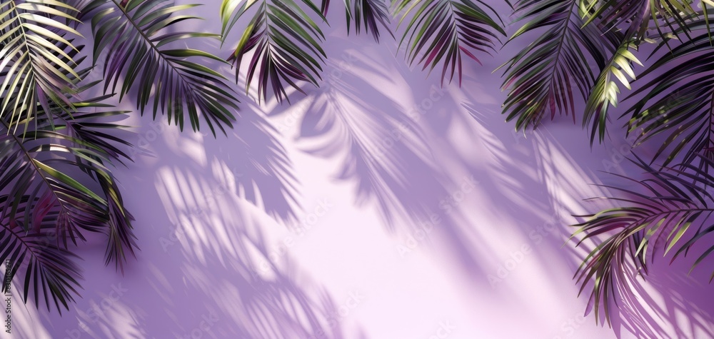 Palm leaf shadows on lavender wall, Summer beach minimal concept, Tropical travel background, Advertisement banner, generative ai Palm leaf shadows on lavender wall, Summer beach minimal concept, Tropical travel background, Advertisement banner, generative ai