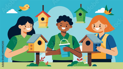 During a science class students use recycled materials to create unique and functional birdhouses which will be p around the school to provide habitats for local birds.. Vector illustration