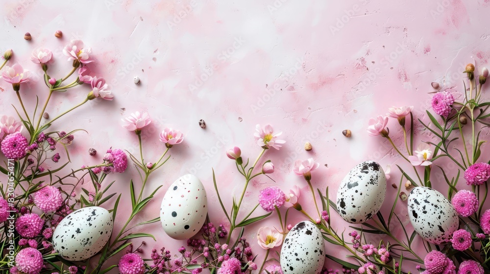 Whimsical Pink Eggs Amidst Floral Springtime Serenity