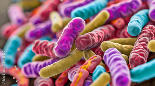 various types of bacteria commonly found in human microbiome.  complexity and variety of bacterial life forms that play a crucial role in human health by affecting digestion and immunity, other functi photo