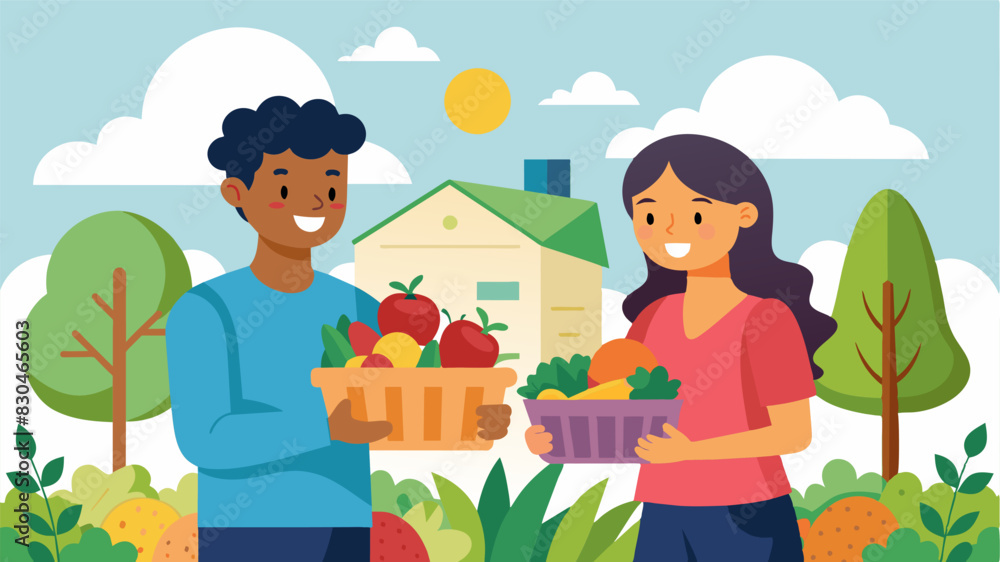 Fototapeta premium A young couple proudly showcases their backyard gardens first harvest at the community food swap marveling at the variety of goods from their neighbors.. Vector illustration