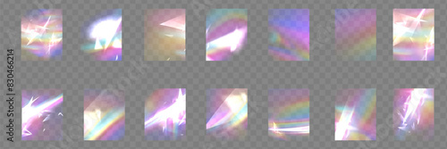 Crystal light glasses effect sparkle prism glare reflection effect. Banner optical rainbow lights, glare, leak, streak overlay. falling confetti.