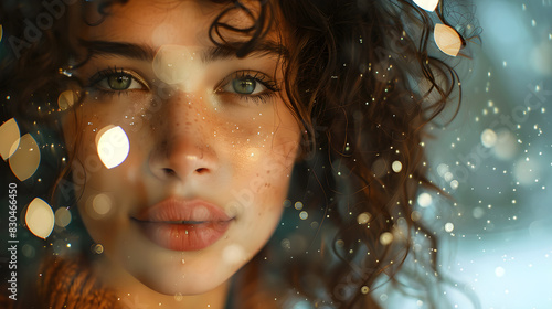 A young woman with curly hair capturing a self-portrait in an art studio with lights creating a bokeh effect. photo