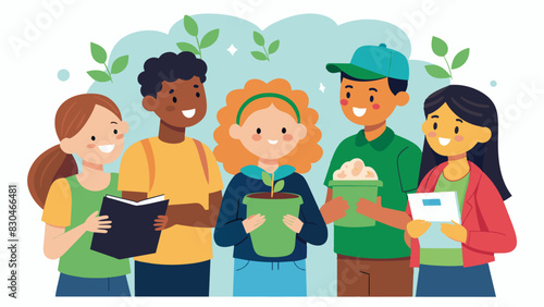 A group of students excitedly discuss their plans to start a community composting program after attending a sustainability workshop at their school.. Vector illustration
