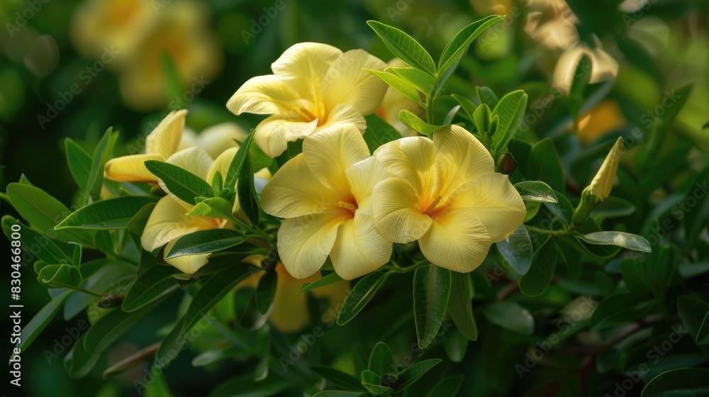 Allamanda flower with yellow blossoms and green foliage Allamanda flower with yellow blossoms and green foliage