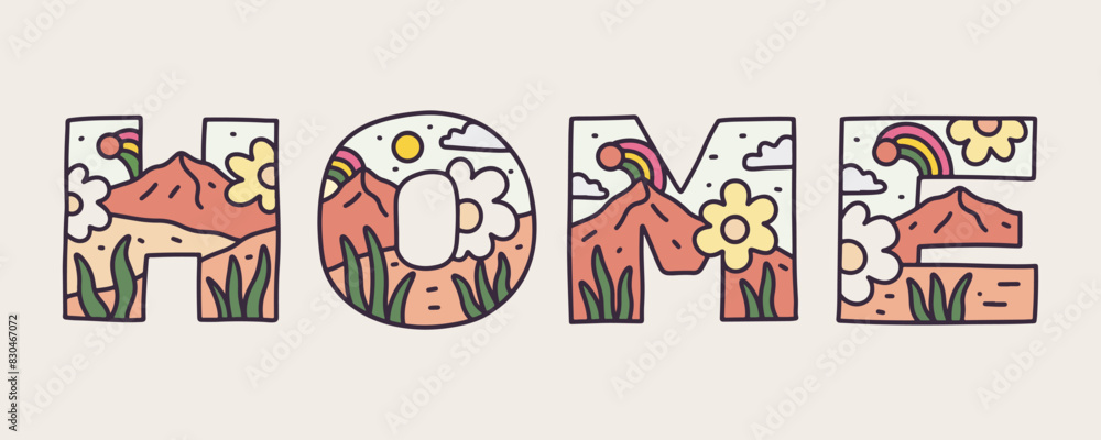 Home letter with nature mountain flower design inside for t-shirt, sticker, badge, and other use Home letter with nature mountain flower design inside for t-shirt, sticker, badge, and other use