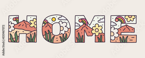 Home letter with nature mountain flower design inside for t-shirt, sticker, badge, and other use