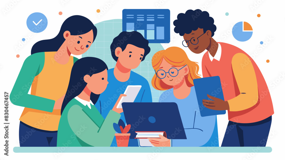In a group study session students huddled around an interactive learning tablet collaborating to solve a challenging math problem.. Vector illustration In a group study session students huddled around an interactive learning tablet collaborating to solve a challenging math problem.. Vector illustration
