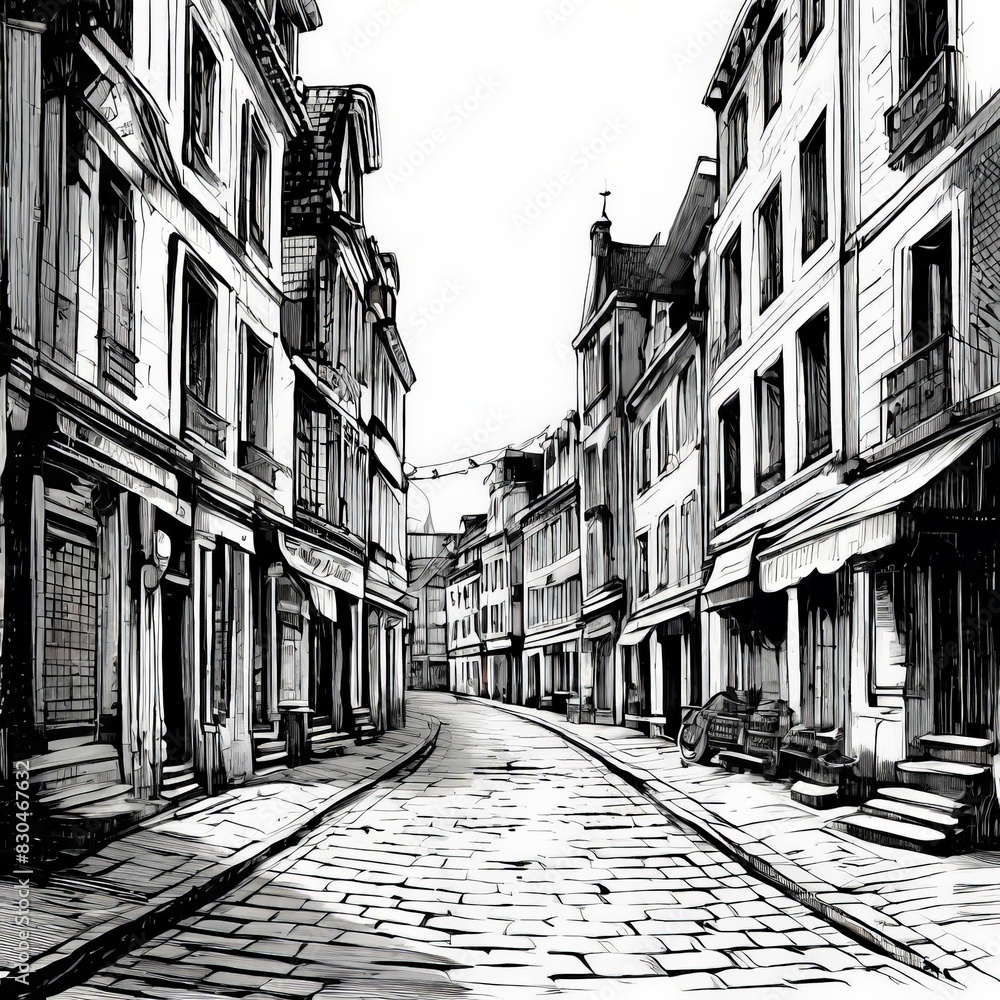 Naklejka premium Downtown paving stone street with retail stores and luxury apartments