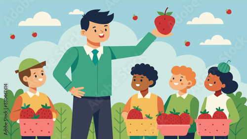 A student proudly shows off his carefully tended to strawberry patch explaining to his classmates the different techniques he used to ensure a bountiful harvest.. Vector illustration