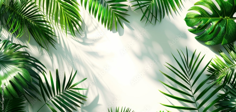 Tropical leaf shadows on white background, Minimal summer beach theme, Advertisement backdrop, Copy space for product, generative ai Tropical leaf shadows on white background, Minimal summer beach theme, Advertisement backdrop, Copy space for product, generative ai