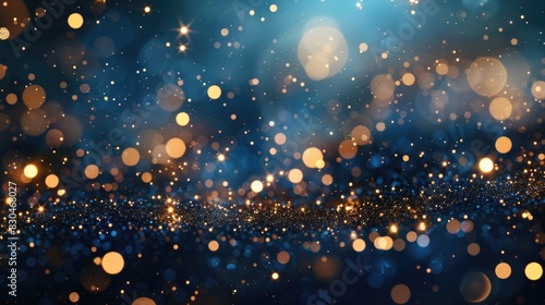 abstract background with Dark blue and gold particle. Christmas Golden light shine particles bokeh on navy blue background. Gold foil texture. Holiday concept