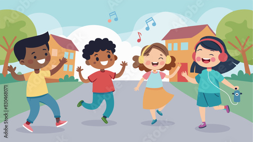 Children giggling and spinning in circles as they skip down the street singing and dancing to the beat of their neighborhood singalong.. Vector illustration