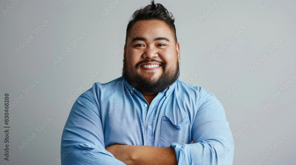 Portrait of a jovial young man with a beard, smiling and posing confidently with arms crossed, against a neutral grey background, representing positivity and approachability Portrait of a jovial young man with a beard, smiling and posing confidently with arms crossed, against a neutral grey background, representing positivity and approachability