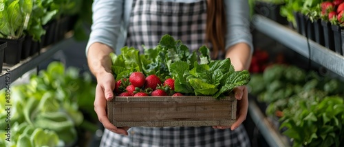 Woman with wooden box of strawberries and salad greens in urban hydroponics, generative ai