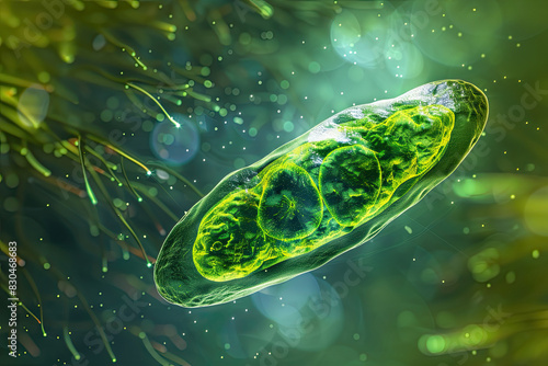 Paramecium bursaria with green algae swimming in pond water, soft light and reflections. photo