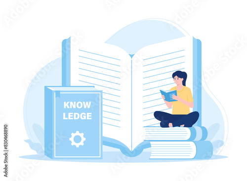 Reading education  female student sitting and reading a book concept flat illustration
