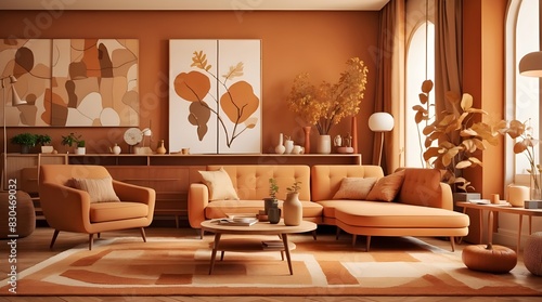 Beautiful retro living room in warm caramel autumn colors  Interior Design Ideas  Home Decoration  and generative AI.