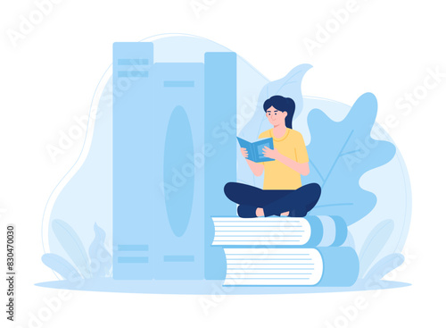 Reading education  female student sitting and reading a book concept flat illustration