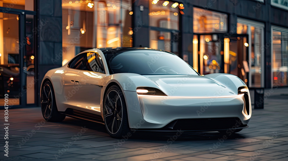 Modern Electric Sports Car Parked Outside a Stylish Urban Building at Dusk Modern Electric Sports Car Parked Outside a Stylish Urban Building at Dusk