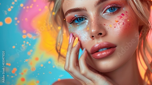 Vibrant Artistic Makeup on Blonde Woman with Colorful Background and Neon Lighting