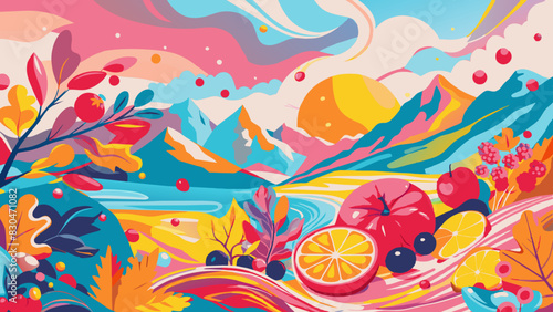 Colorful Abstract Fruity Landscape Illustration with Mountain Backdrop
