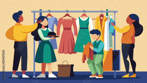 During rehearsal students poured over costume racks carefully selecting and trying on outfits in preparation for their roles in the school play.. Vector illustration