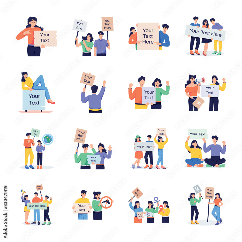 Set of People with Placards Flat Illustrations

