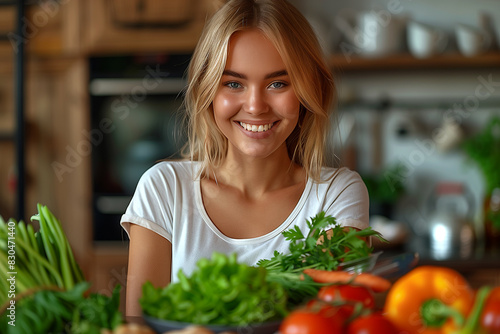 A woman is smiling and posing in front of a table full of vegetables