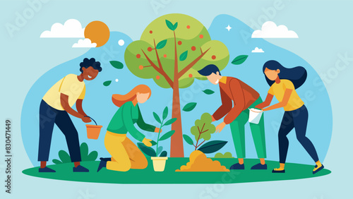 The tree planting event not only enhances the physical environment but also strengthens the social fabric of the neighborhood fostering a sense of belonging and togetherness.. Vector illustration