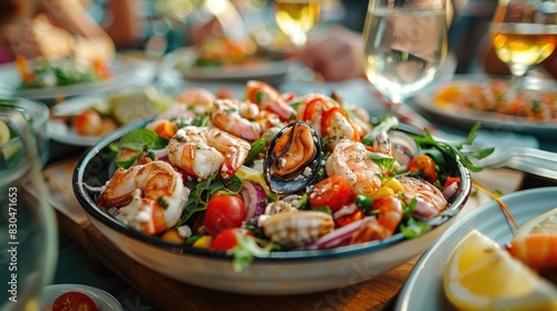 Delicious Seafood Salad with Fresh Vegetables and Herbs on a Wooden Table photo