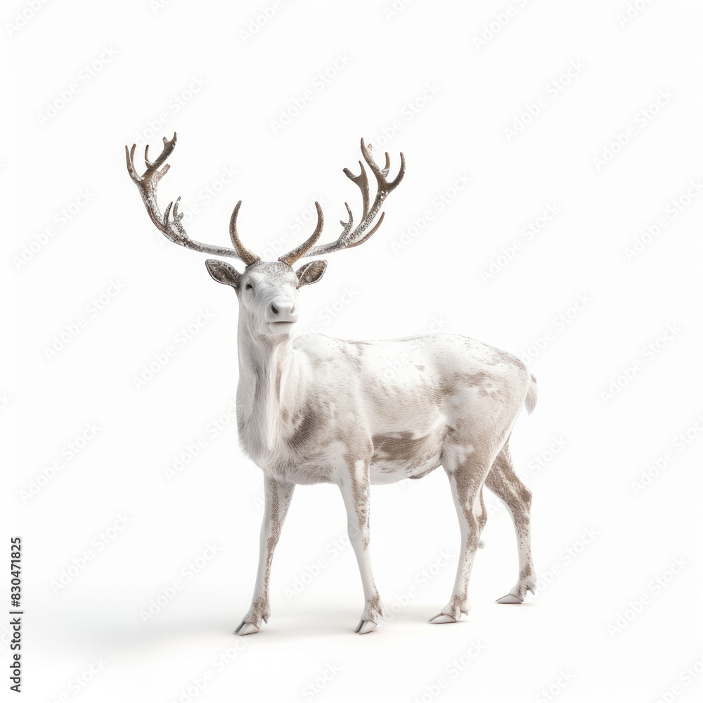 Obraz premium Elegant White Deer with Majestic Antlers Standing Gracefully on a Seamless White Background, Symbolizing Purity
