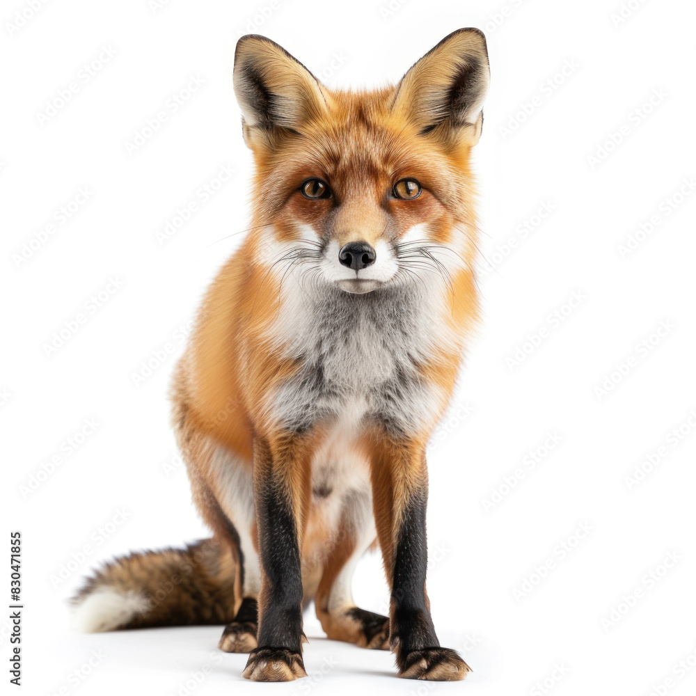 Portrait of a Majestic Red Fox in Full Detail, Standing Isolated on a Pure White Background, Exuding Wild Elegance.