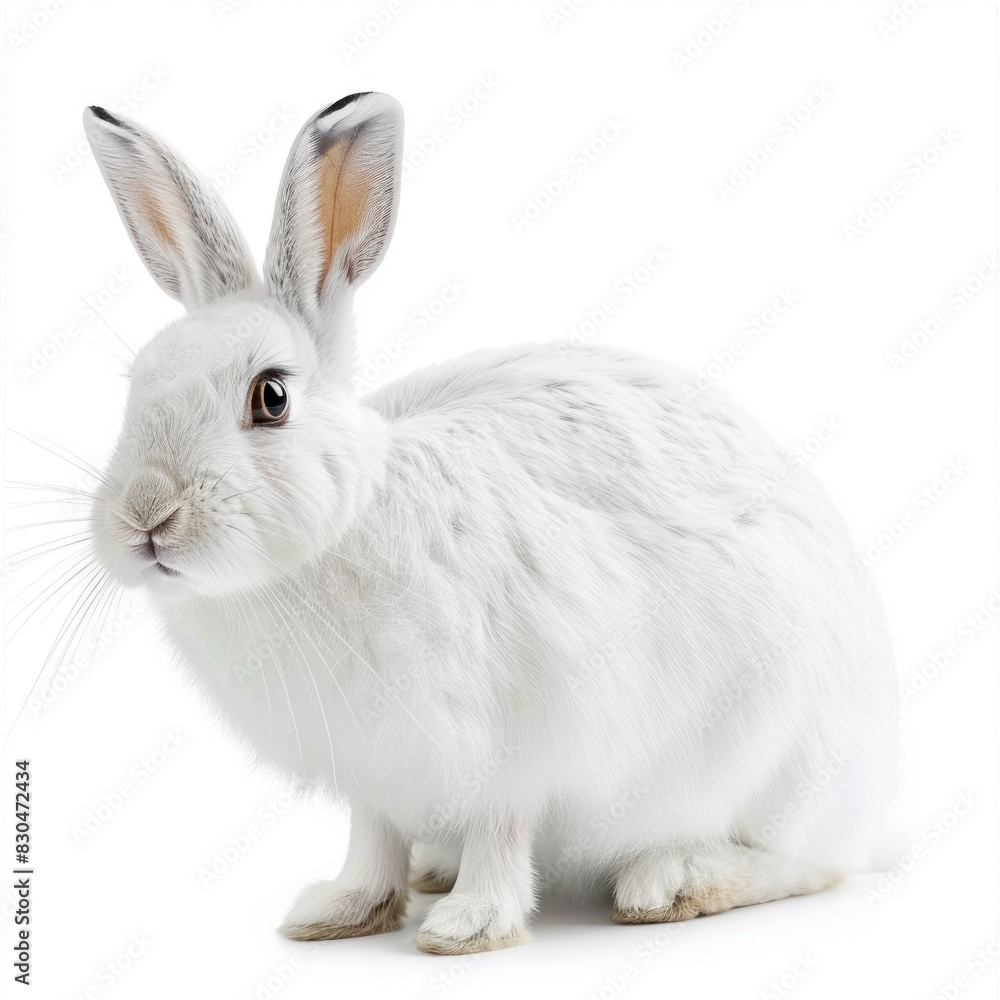 Fluffy white rabbit sitting calmly on a white background, displaying its pristine fur and gentle demeanor.