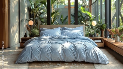A blue duvet cover and pillows on a bed in a modern bedroom with large windows and lush greenery. photo